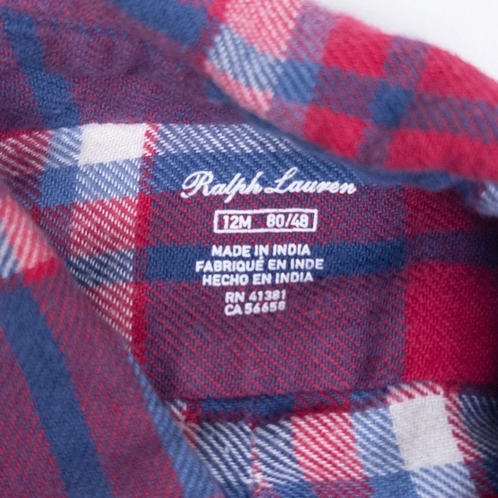Ralph Lauren Plaid Flannel Shirt Kids 12M‎ Red Blue Long Sleeve Button Down